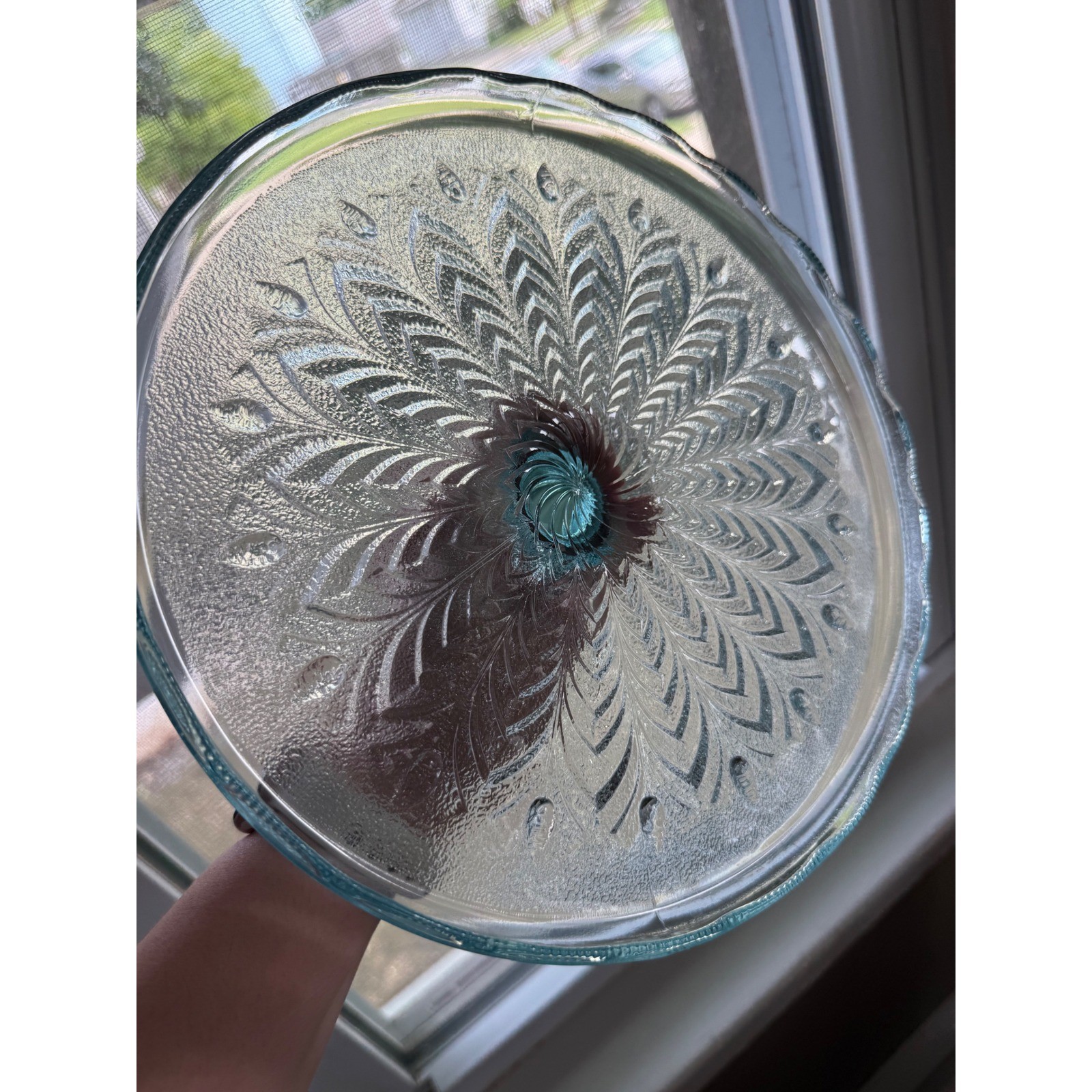 Jeannette Glass Feather Pattern Cake Stand Ice Blue Excellent 50s Vintage