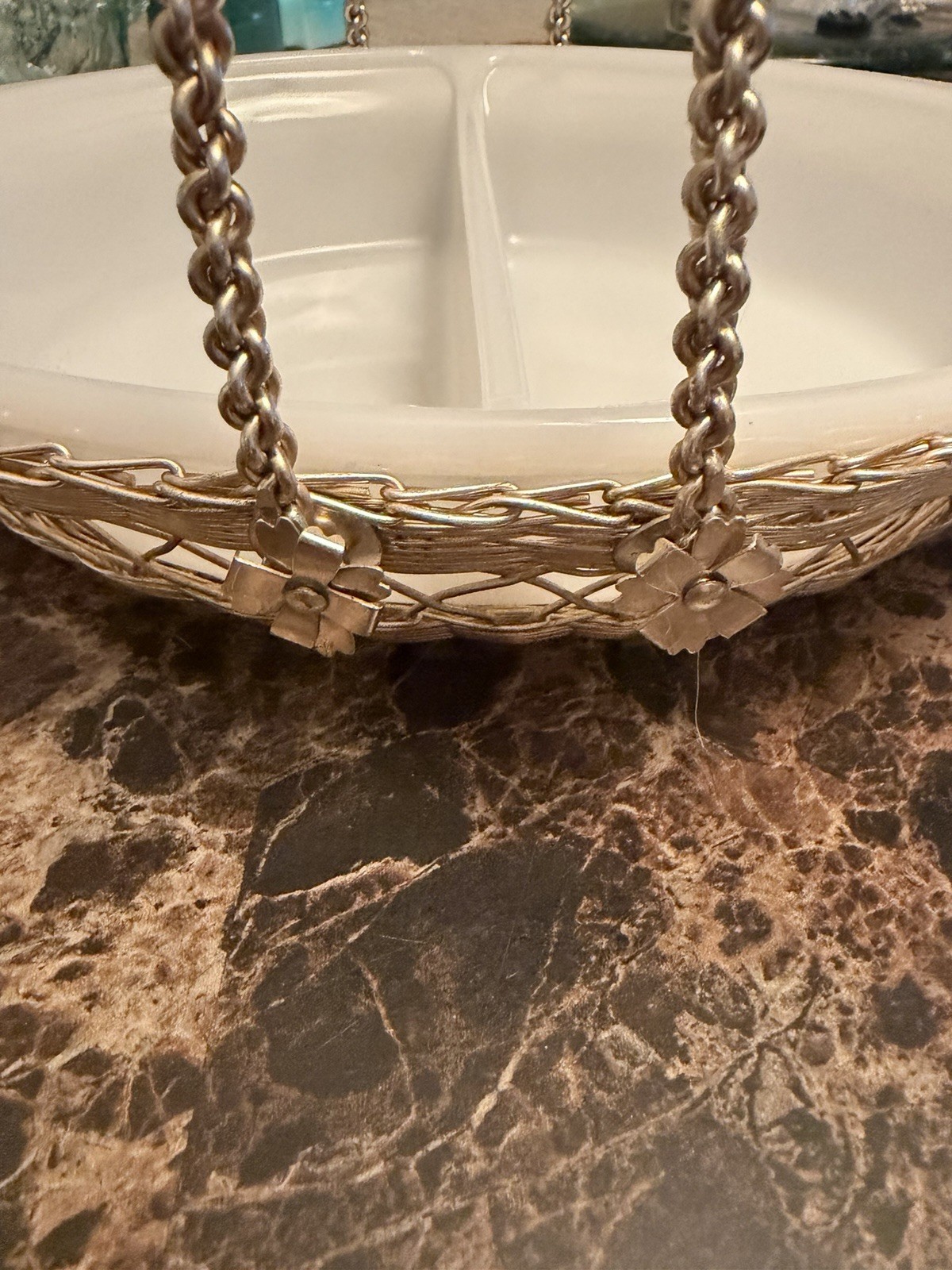 VINTAGE GLASBAKE MILK GLASS OVAL DIVIDED CASSEROLE DISH WITH BASKET HOLDER
