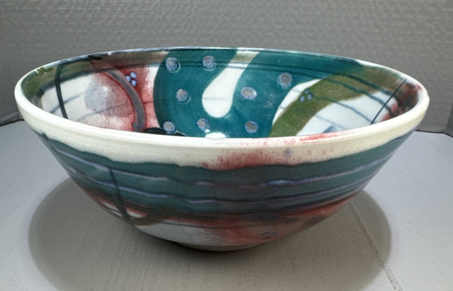 Studio Art Pottery Abstract Design Colorful Blue Green Red Artisan Signed 10″