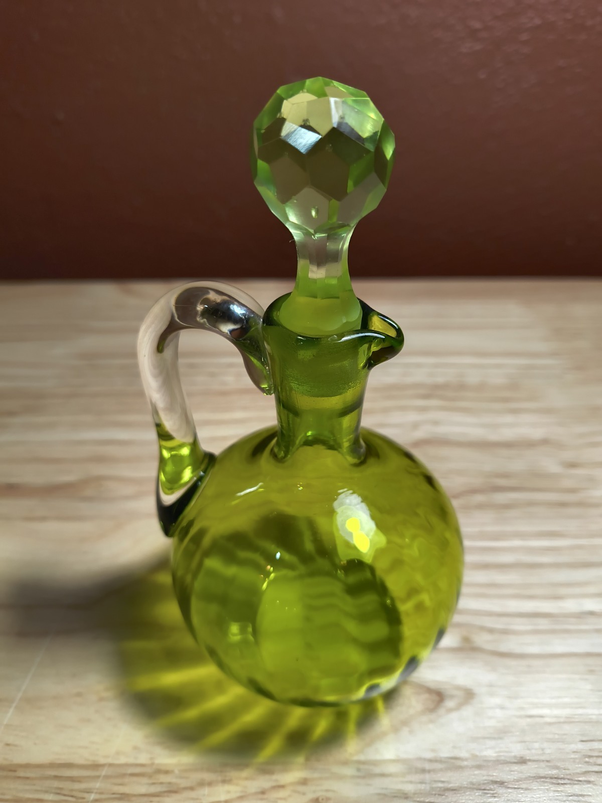 Vintage Olive Green Glass Cruet W/Stopper Glowing Stopper