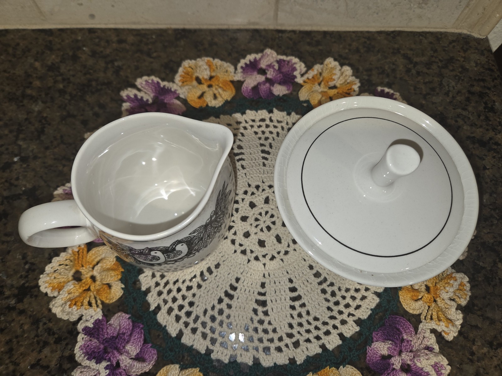 Set- Fransican Bird N Hand White Stoneware Creamer And Sugar Bowl