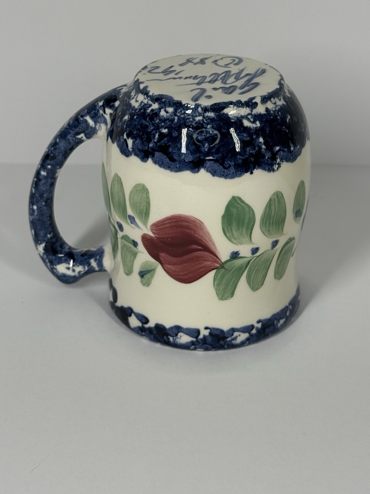 Vintage Gail Pittman Pottery Mug 1992 Hand Painted Floral Blue & Red 4.5” Signed