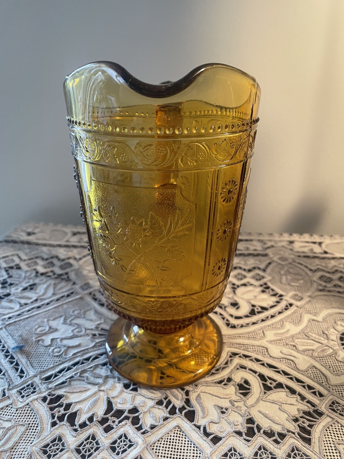 Antique EAPG Bryce Brothers Willow Oak Amber Glass Water Pitcher Circa 1880s
