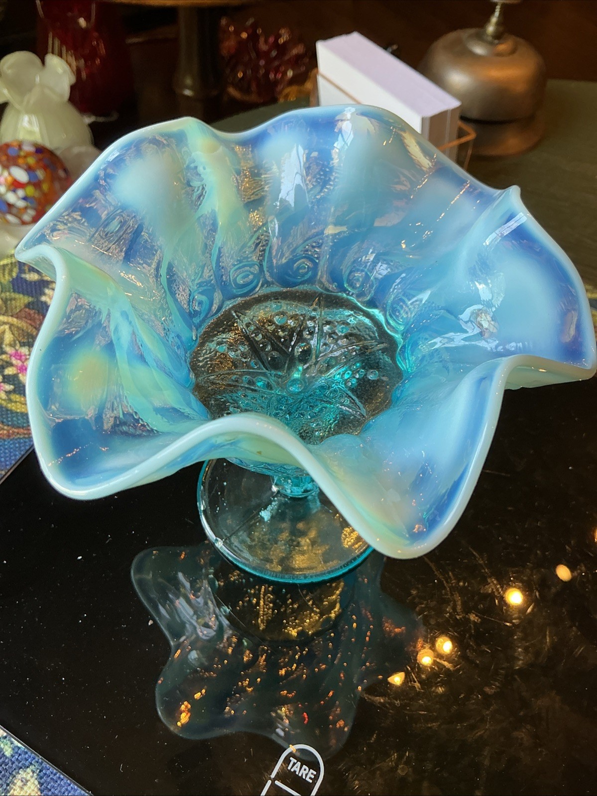 Scarce 5.5” Antique Dugan Blue Opalescent Constellation Glass Compote