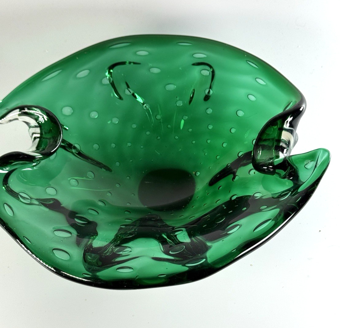 Hand Blown Controlled Bubble Dark Green Thick Glass Decor Bowl