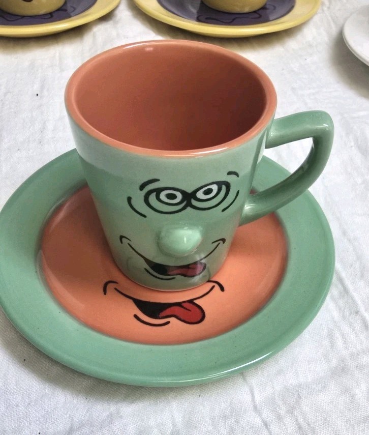 Funny Face Espresso Coffee Mugs With Matching Saucers Ceramic 2.50 Inches Taĺl