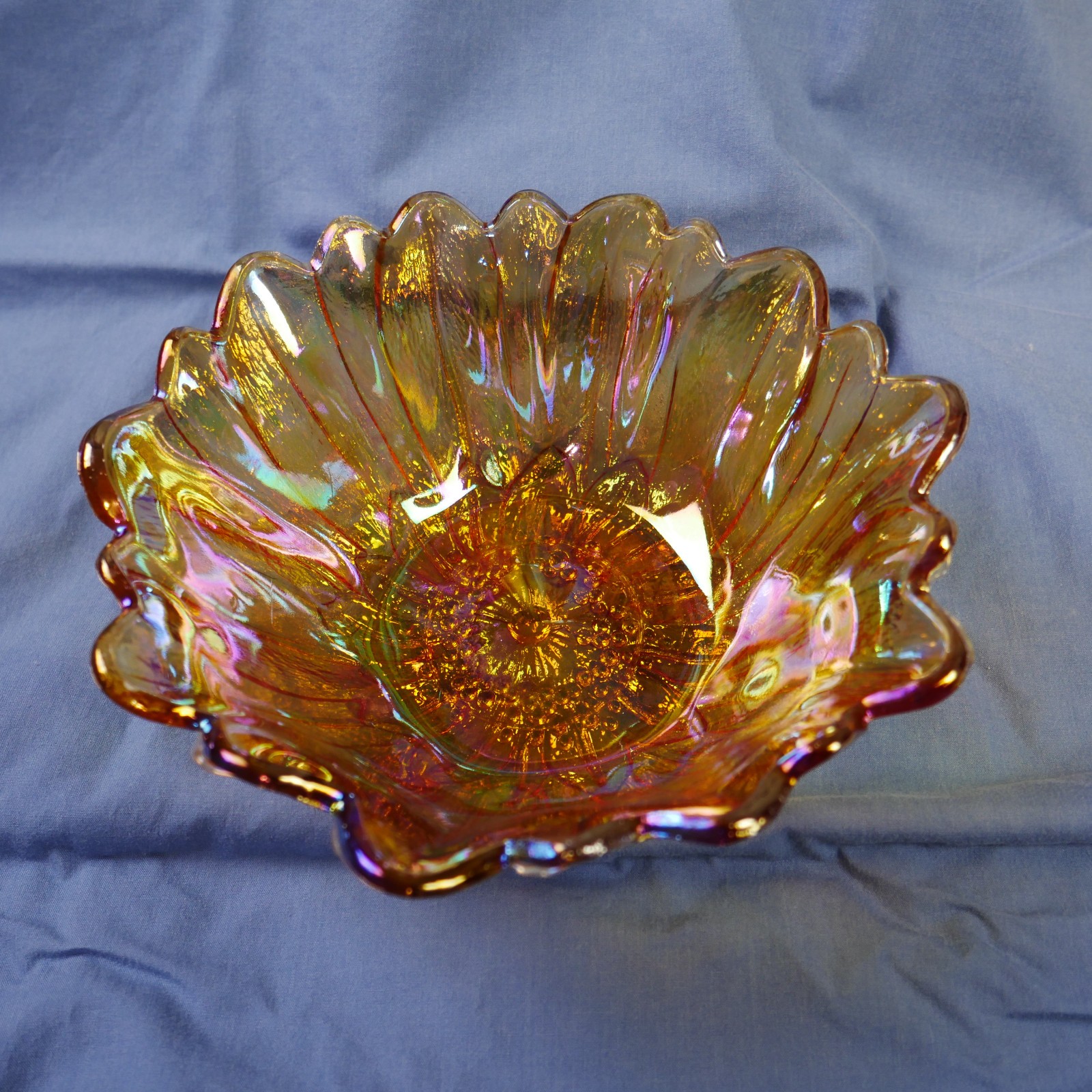 Vintage Iridescent Marigold Carnival Glass Flower Daisy Sunflower Candy Bowl 