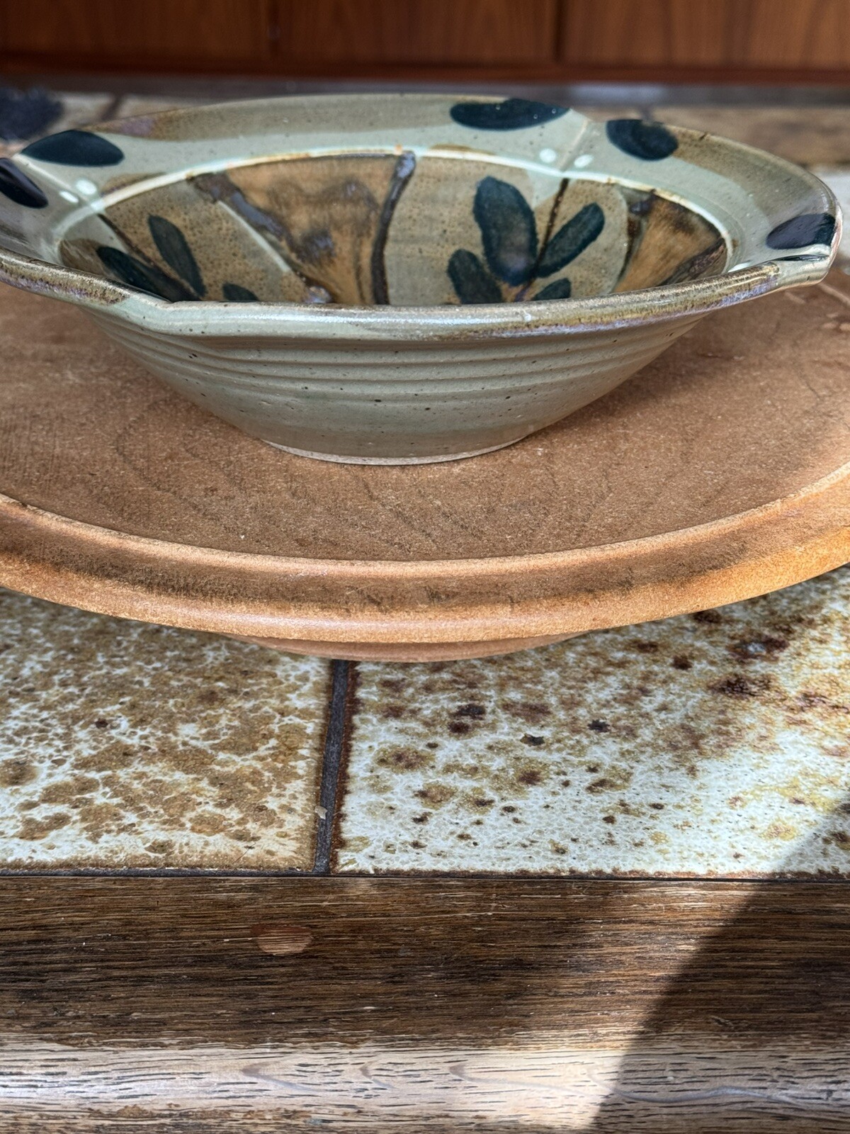 Studio Pottery Bowl Glaze Pinch On 4 Sides Handmade 8.25”D