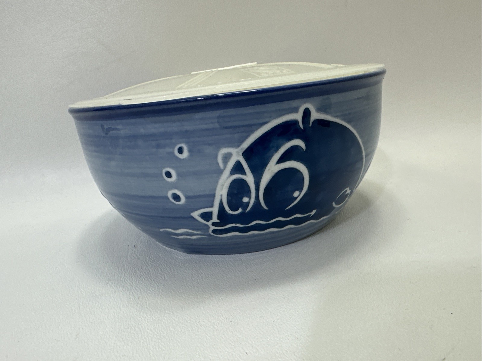 Yokohama Studio Hand painted pottery Whale Ocean blue pottery dish w/ lid RARE