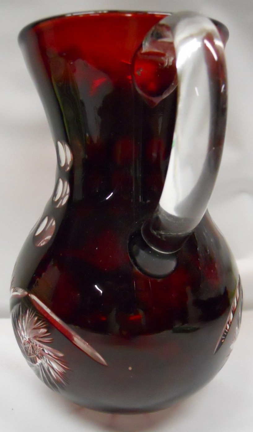 Clear Pitcher Boho Dark Ruby Red Czech Deep Glass 9″ tall clear glass handle