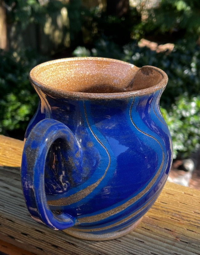 Vintage Hand Thrown Pottery Pitcher Vase Blue Tan Glazed Studio Art Signed OOAK