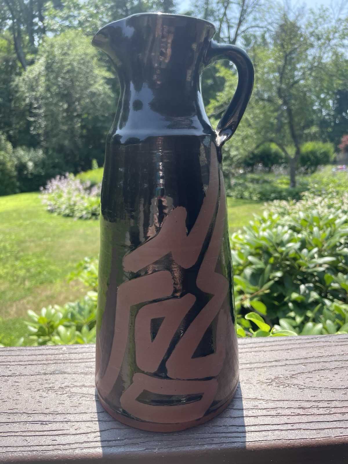 Redware Art Pottery Pitcher Vase Signed SE Abstract Mashiko Style