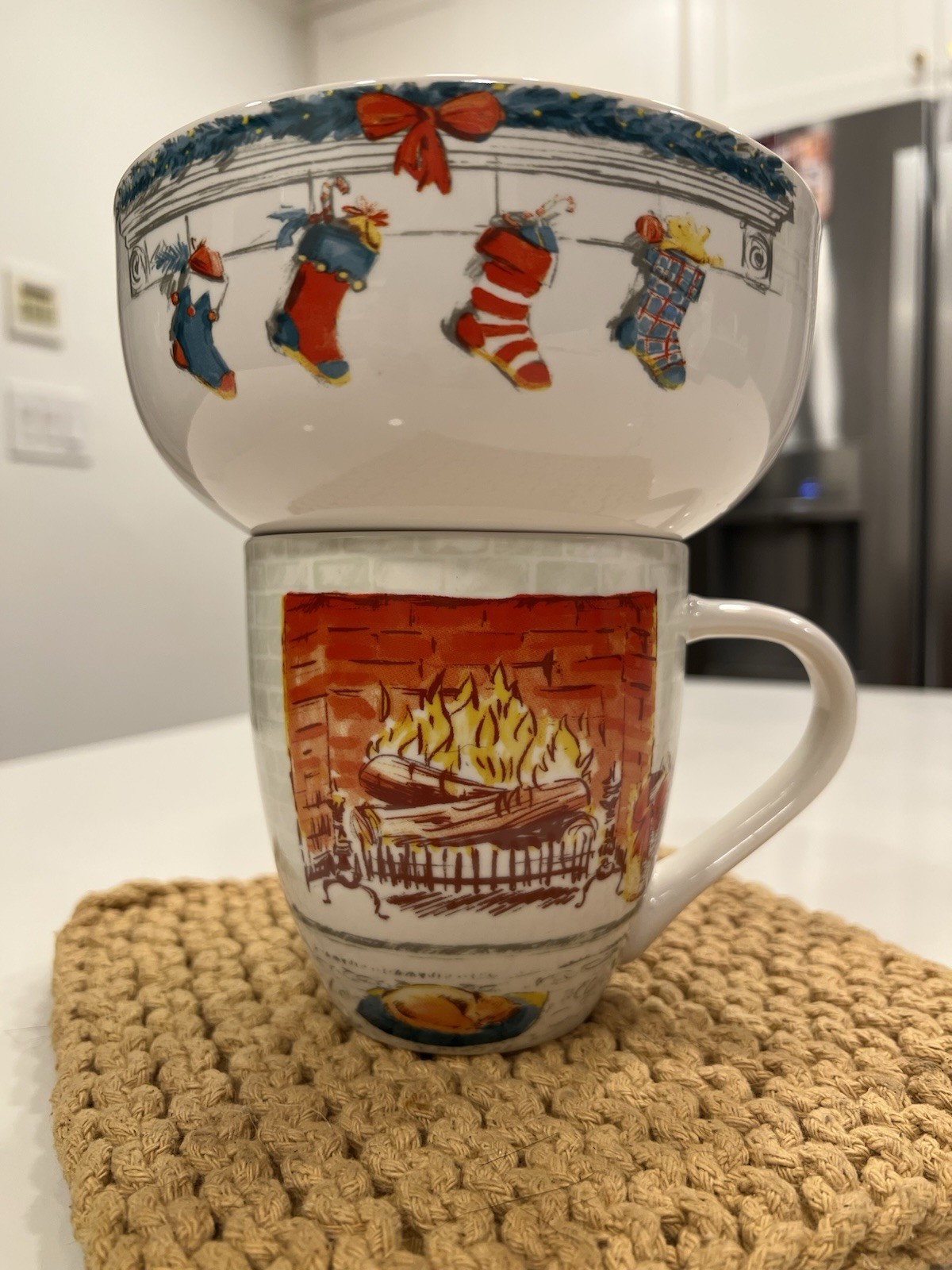 Eaton Fine Dining Christmas Mug and Bowl Set Fireplace Stockings Holiday