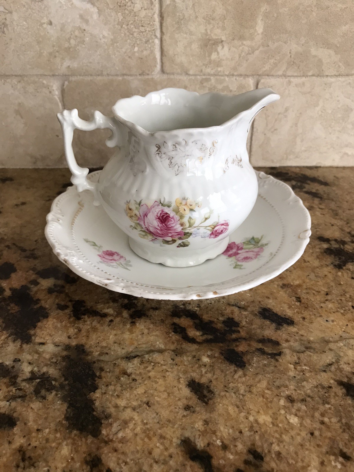 Vintage Unmarked Creamer And Saucer Victorian Style Pink Roses Faint Gold Detail