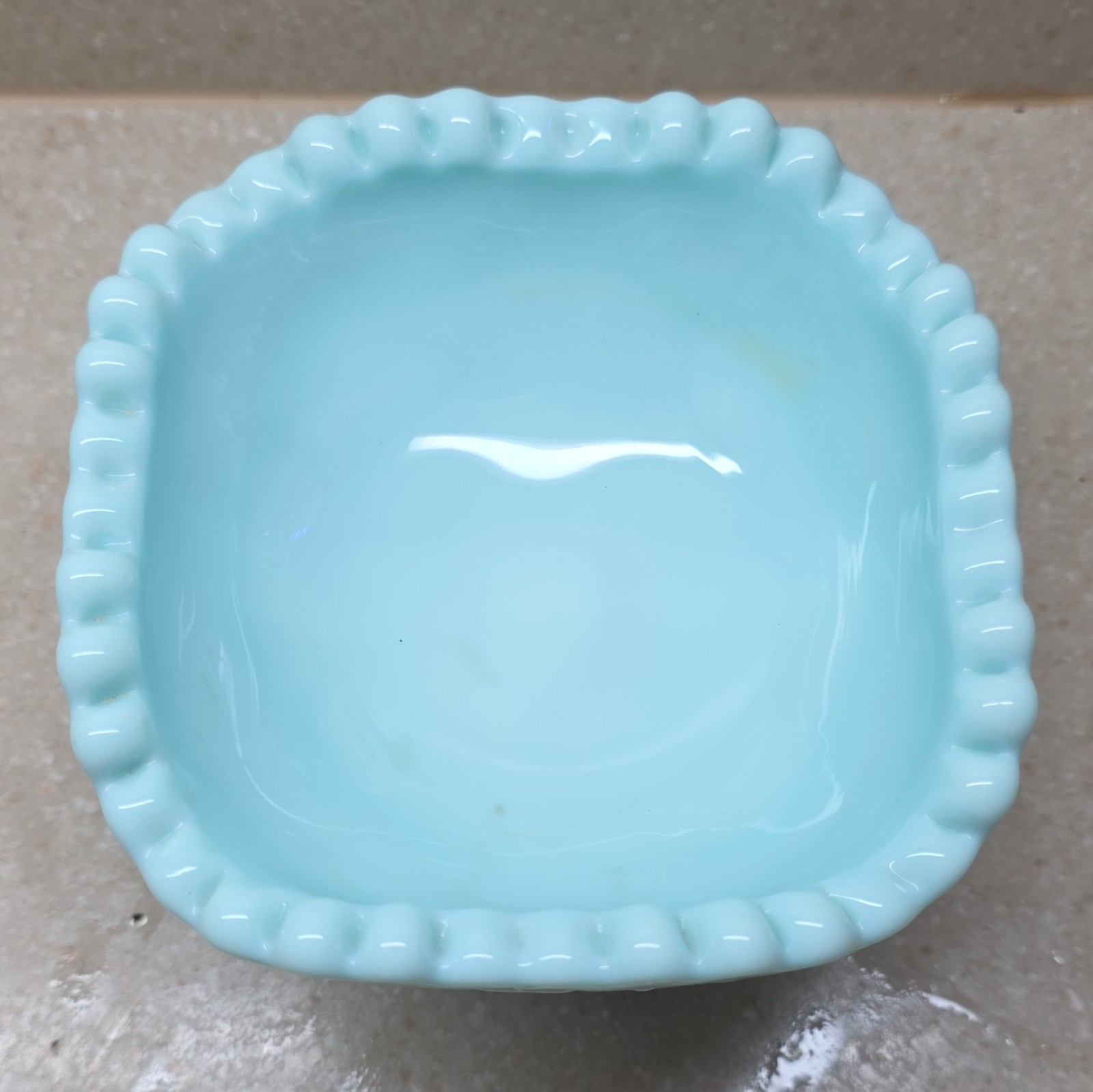 Blue Milk Glass Quilted Square Pedestal Compote Bowl Glossy Decorative
