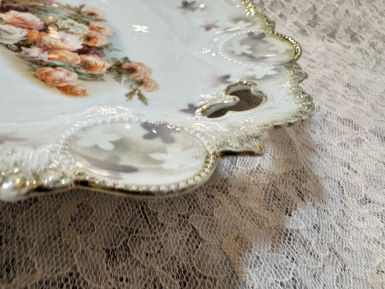 Antique RS Prussia Handled Cake Plate Basket of Roses Gold Gilt 9.5″ Red Mark