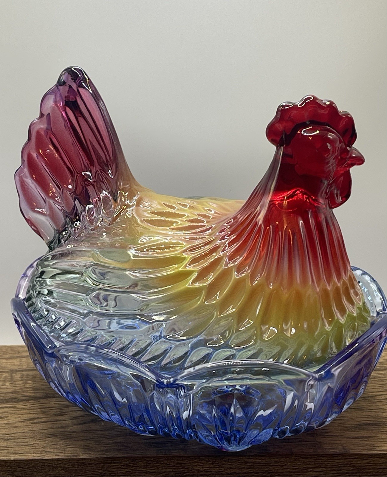 Rainbow Glass Hen On Nest Covered Candy Dish 7” Decorative Import