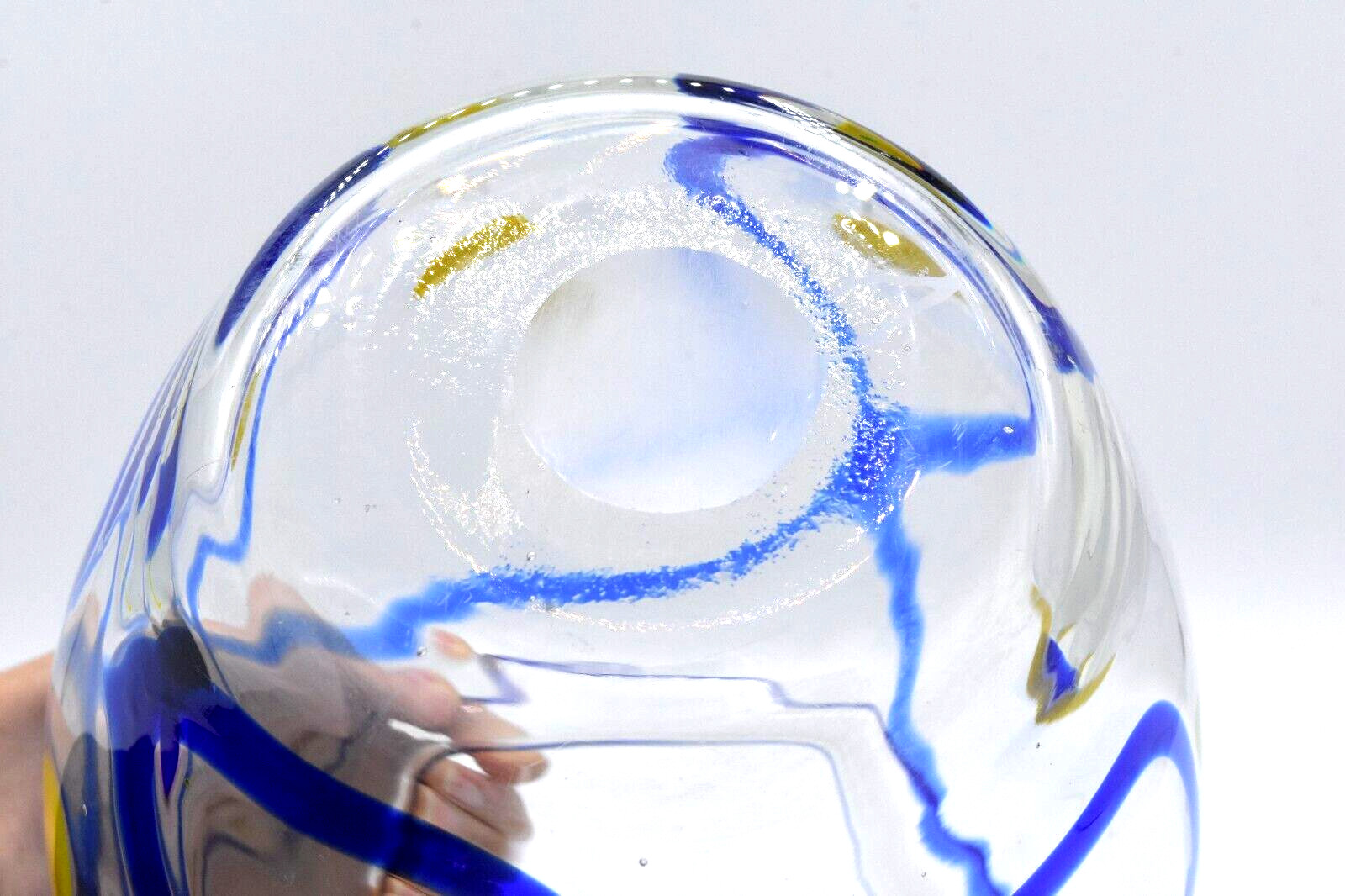 Hand Blown Art Glass Vase Clear with Cobalt Blue Swirls Yellow Spots Mexico?