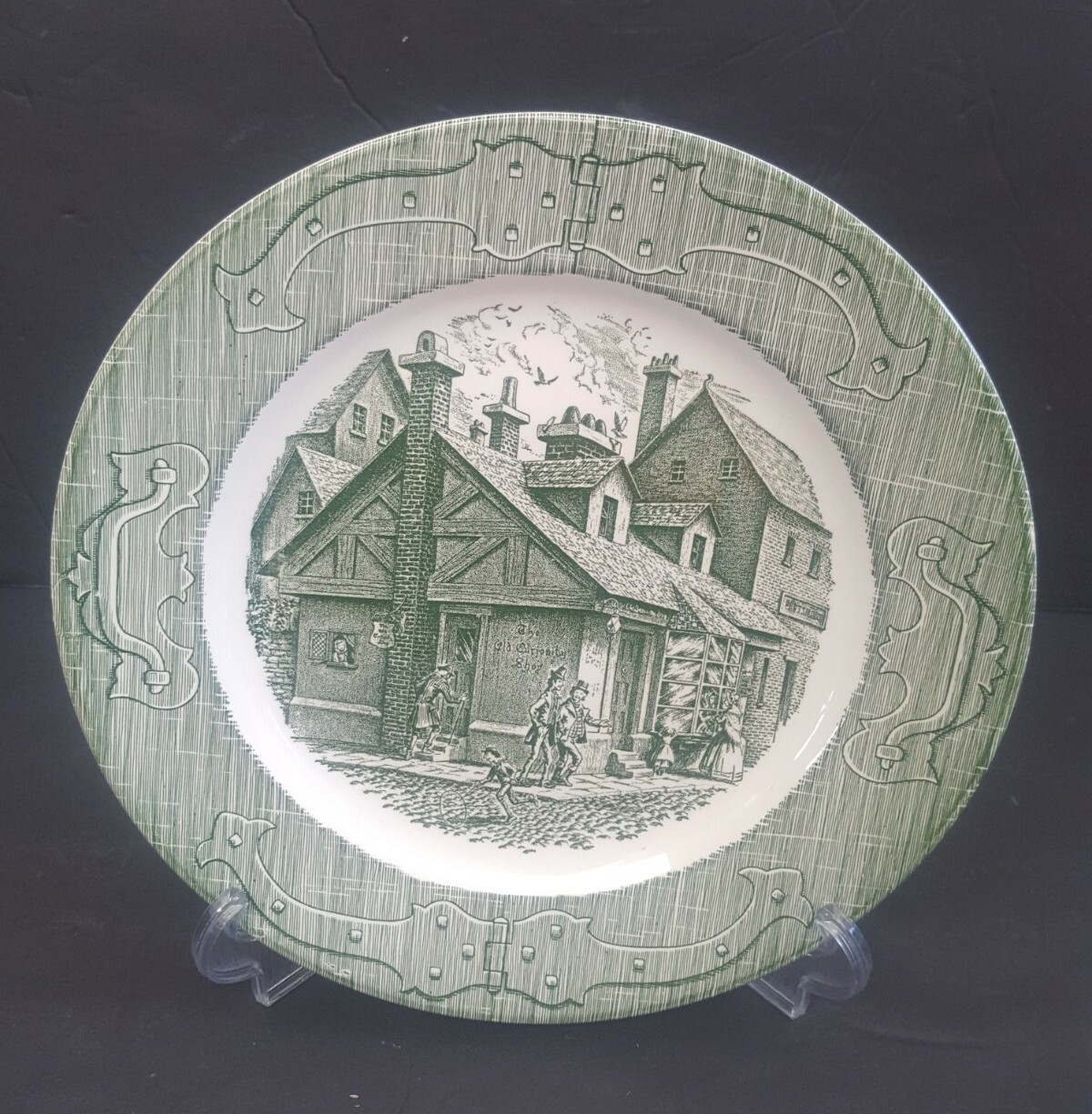 Set Of 9 The Old Curiosity Shop Green Transferware 10” Dinner Plates NOS