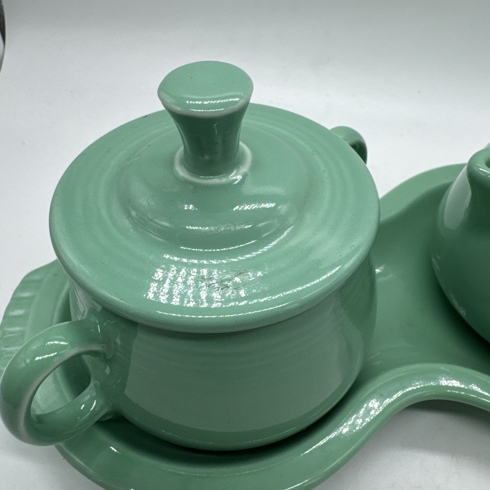Fiesta Homer Laughlin Fiestaware Sugar Creamer & Tray Set Sea Mist Made in USA