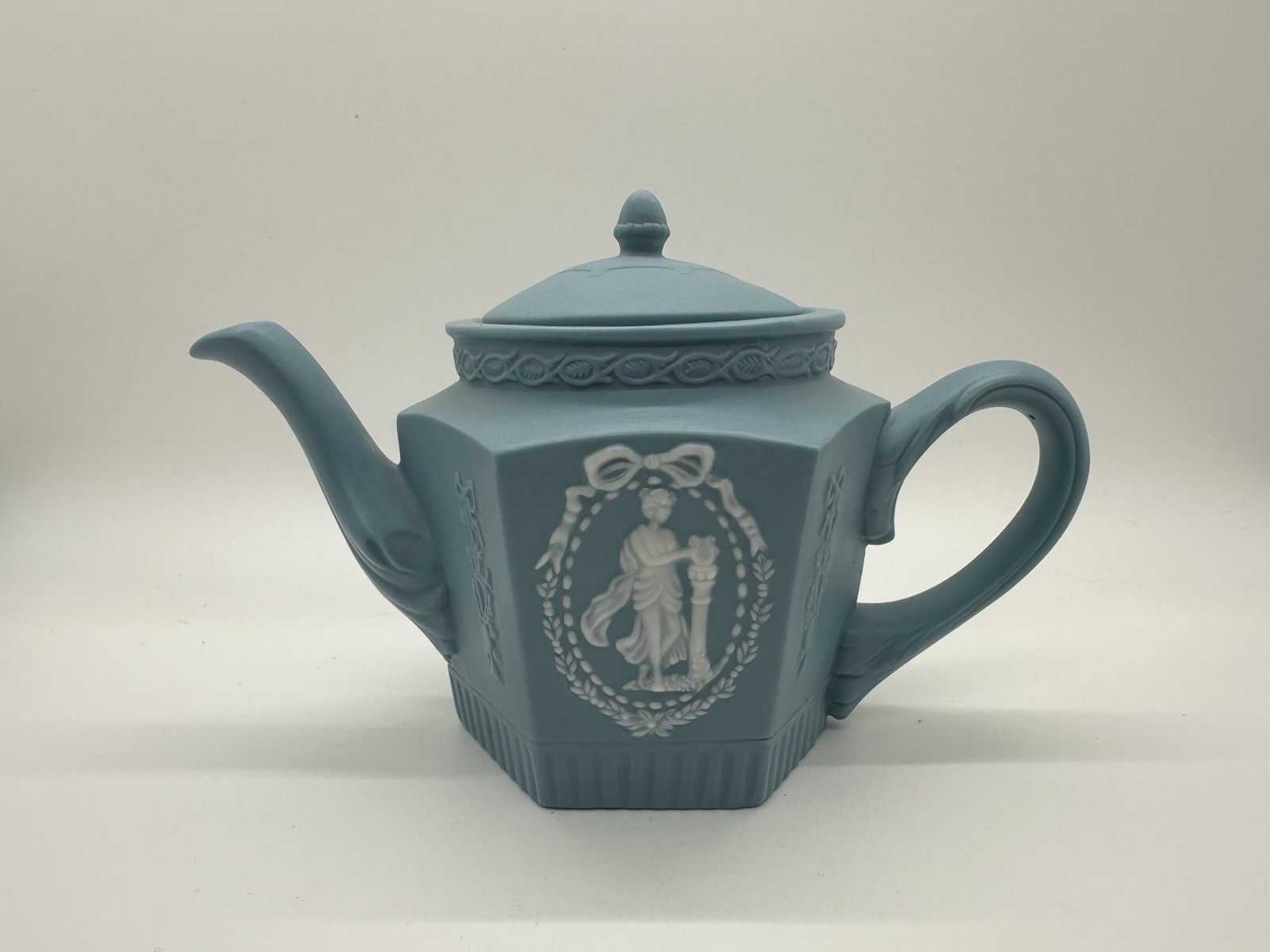 Vintage Powder Baby Blue & White Teapot Neoclassical Cameo Style Ribbon Bow