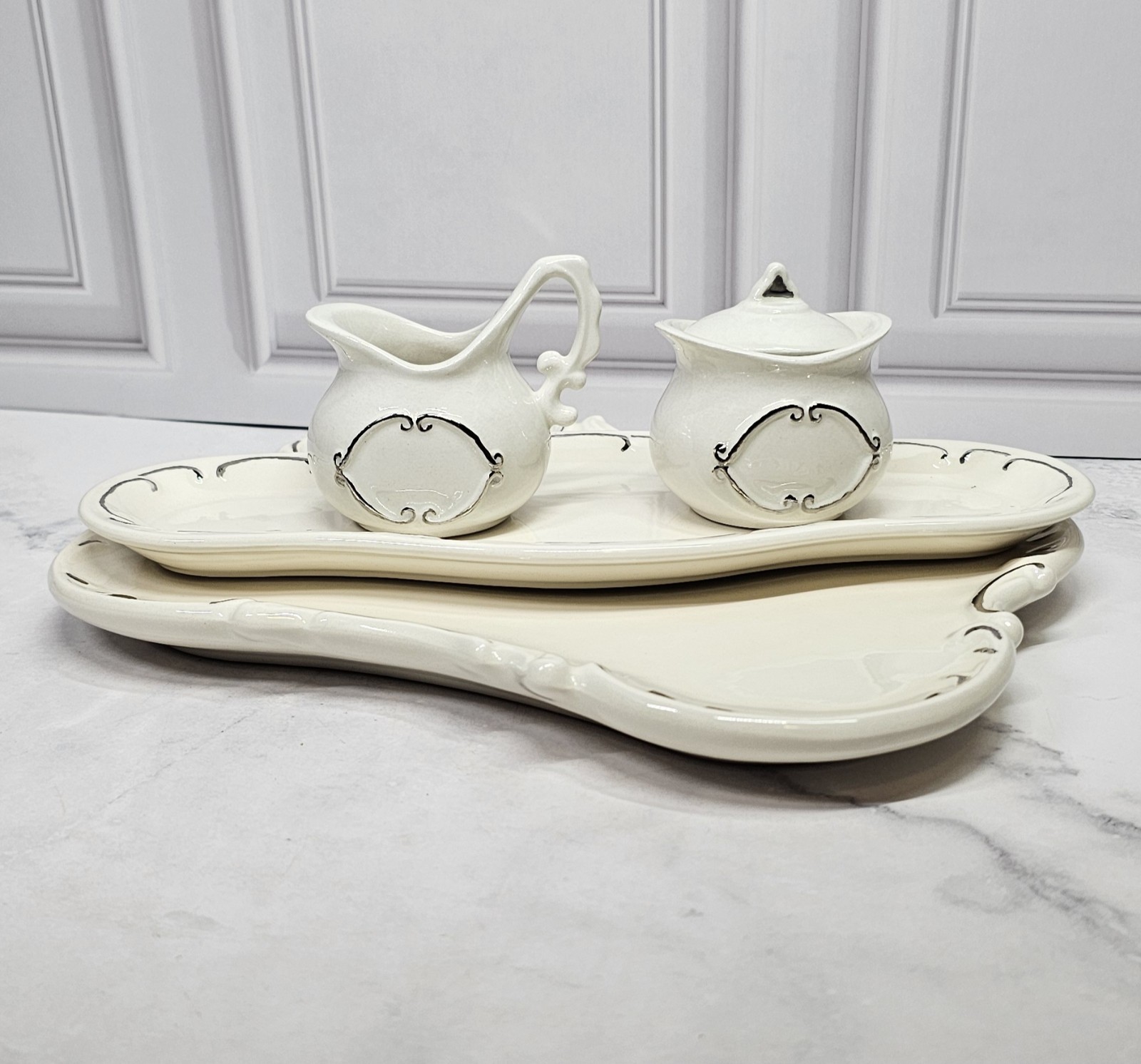 Vintage Studio Pottery Creamer And Sugar Bowl Set With Serving Trays Porcelain