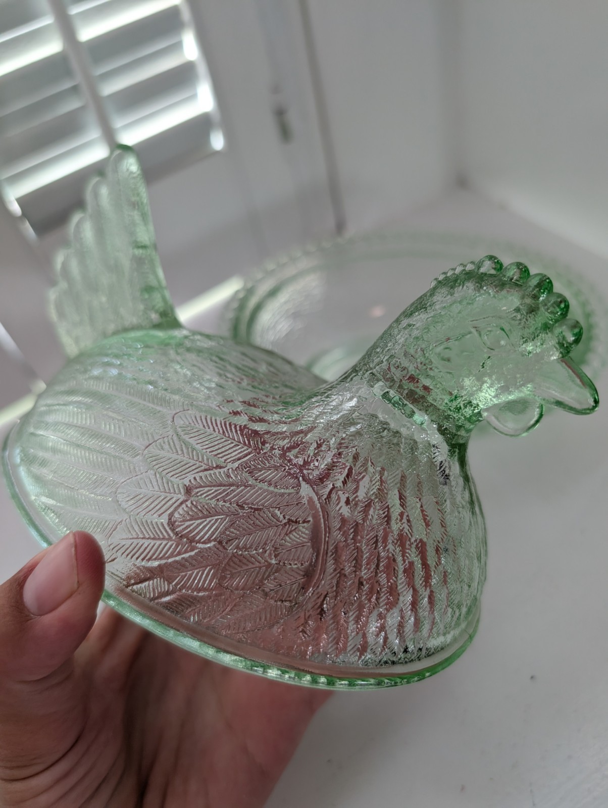 Vintage HTF Indiana Glass Pastel Light Lime Green Hen on Nest Beaded Candy Dish