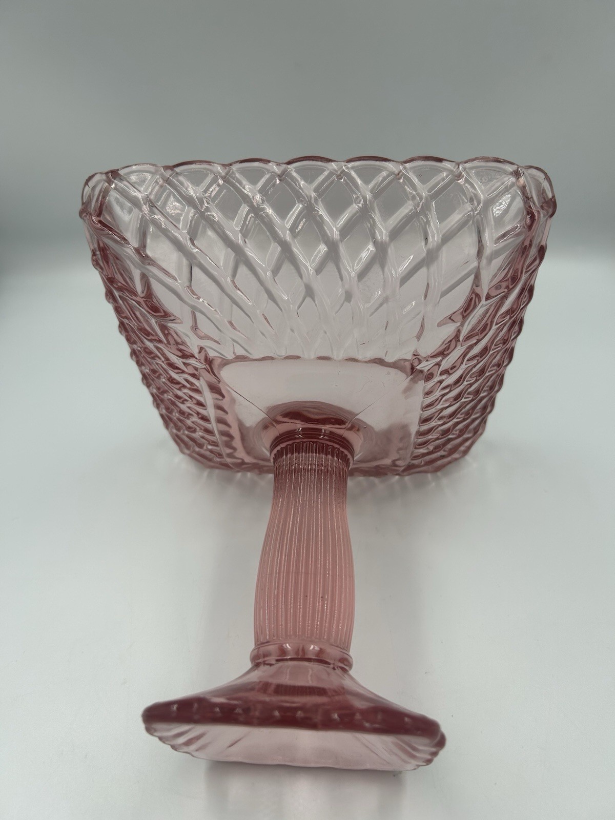Pink Glass Square Pedestal Compote Dish, Diamond Pattern, 8 in x 8 in