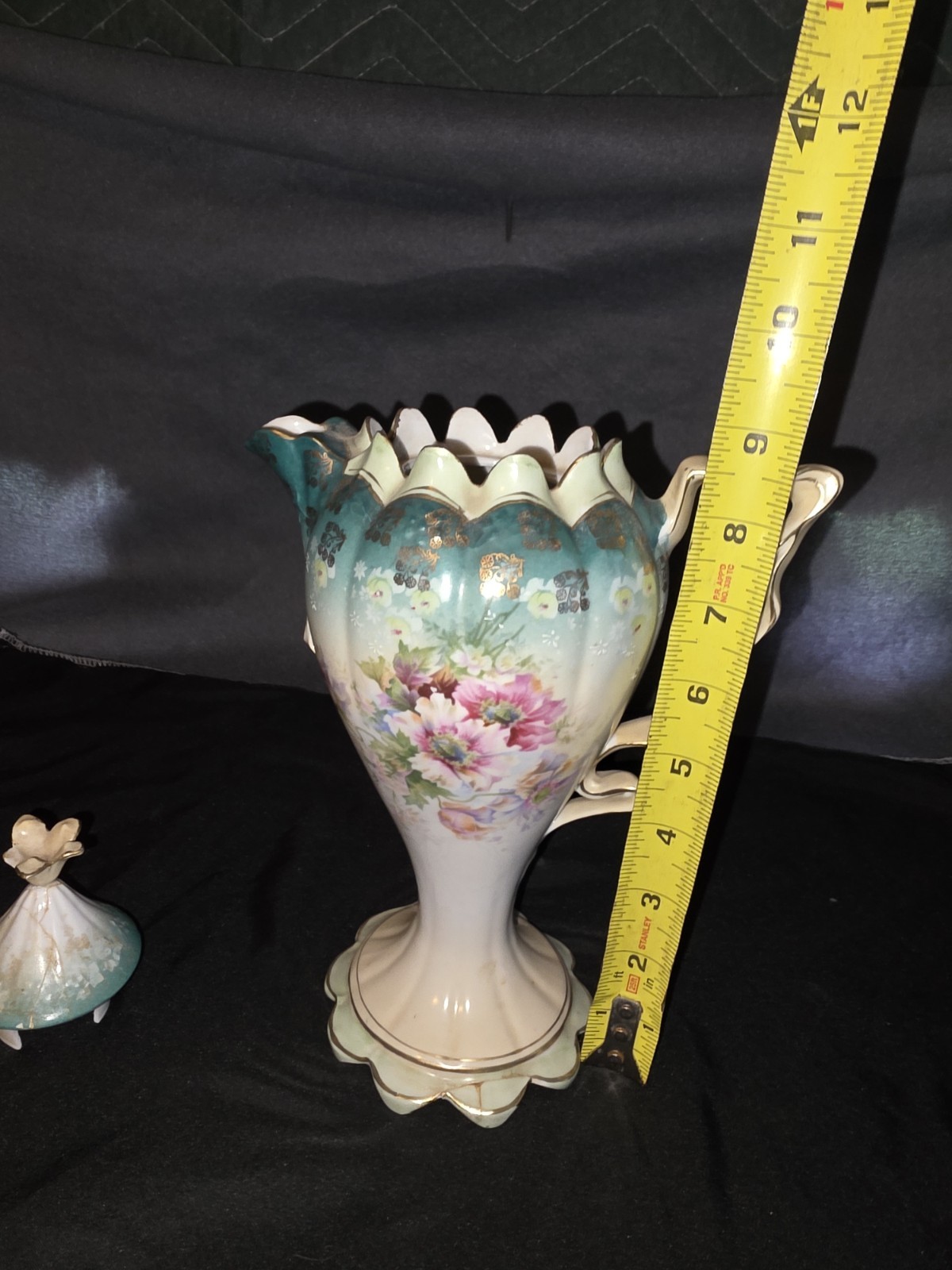 Vintage RS Prussia Red Mark Chocolate Pot Green Floral Footed Scalloped Base
