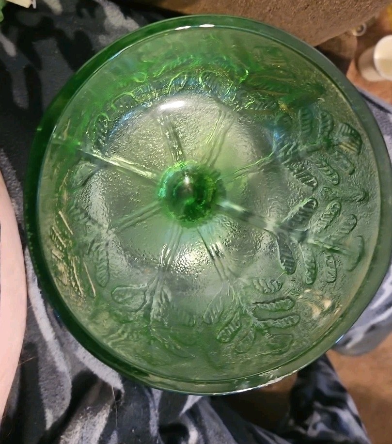 Vintage FTD Green Glass Footed Compote Bowl Vase Candy Dish Oak Leaves Pattern