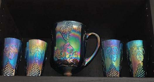 Vintage Glass Blue Carnival Harvest Grape Pitcher & 4 Tumblers Iridescent 70s