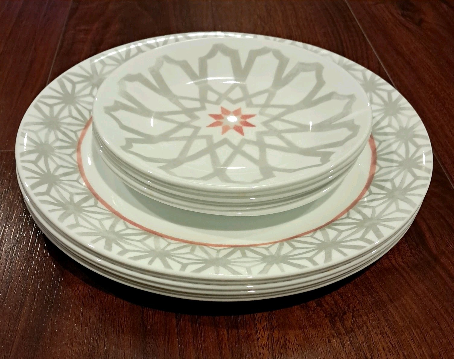 Corelle Service For 6 Amalfi Rose Mediterranean Inspired Grey w/Pink Geometrics