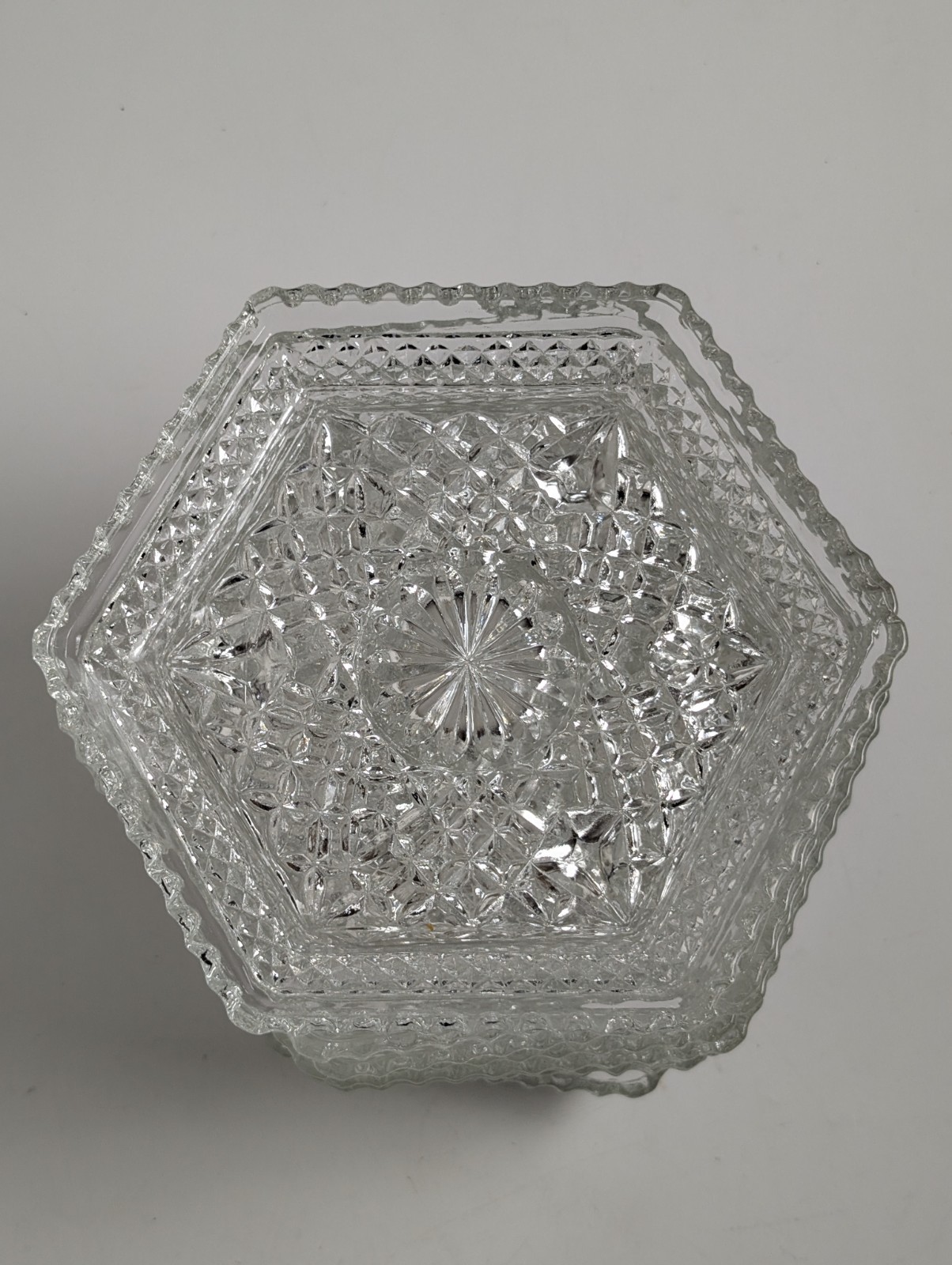 Vintage Set 8 Clear Pressed Glass Hexagon Plates Starburst 7.5”