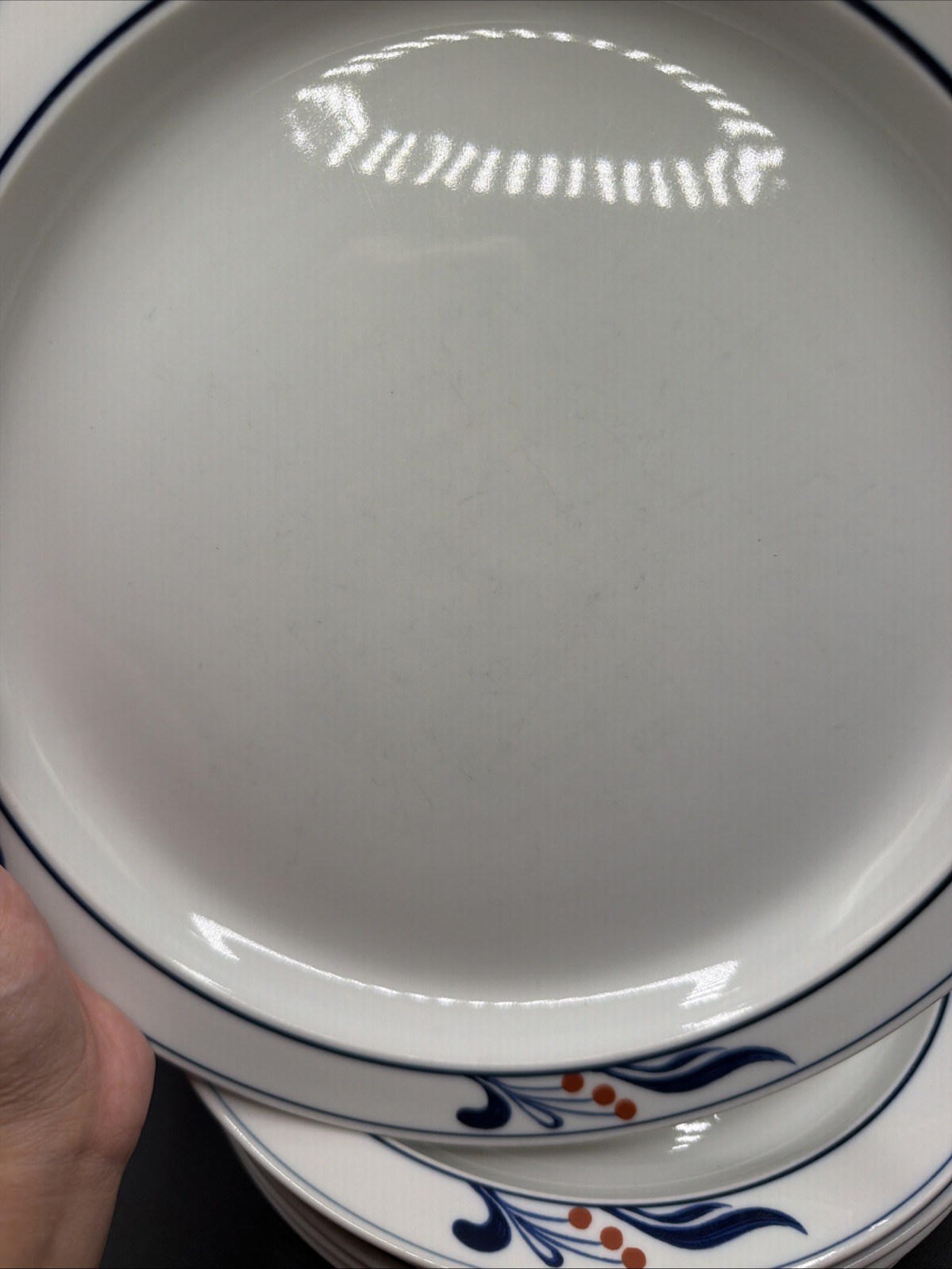 8 Dansk Bistro Maribo 10 3/8″ Dinner Plates Japan DANMAR Red Berries on Rim Blue