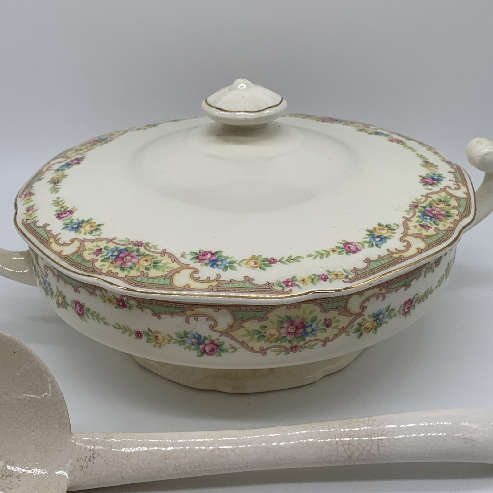 Vintage Ceramic Covered Vegetable Mildred Style, Ladle, Aged Prominent Crazing