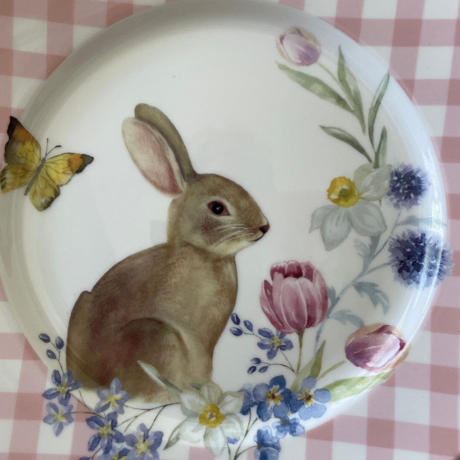 Grace Teaware Bunny Floral Pink Gingham 8in Side Salad Plates Set of 4 NEW