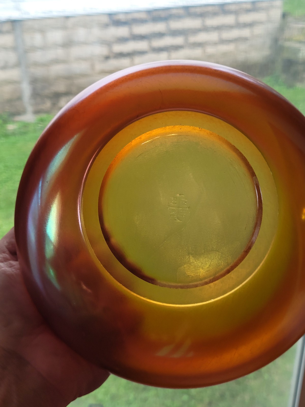 Stretch Art Glass Marigold Imperial Jewels Cupped Top Bowl Iron Cross Signed