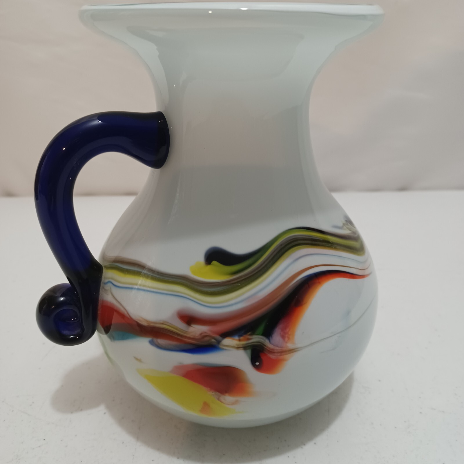 vintage venetian art glass pitcher white/yellow/cobalt blue 7″