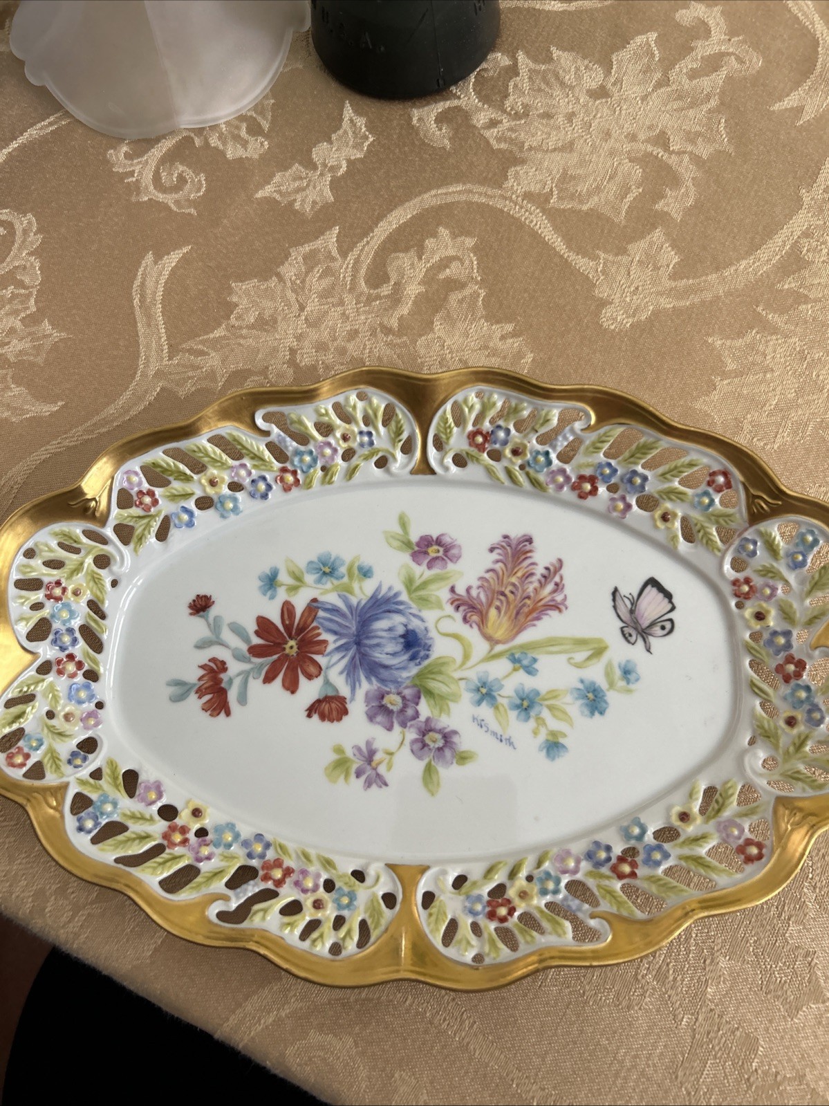 Vintage Gold Trim Hand Painted Floral Plate -Signed – Used