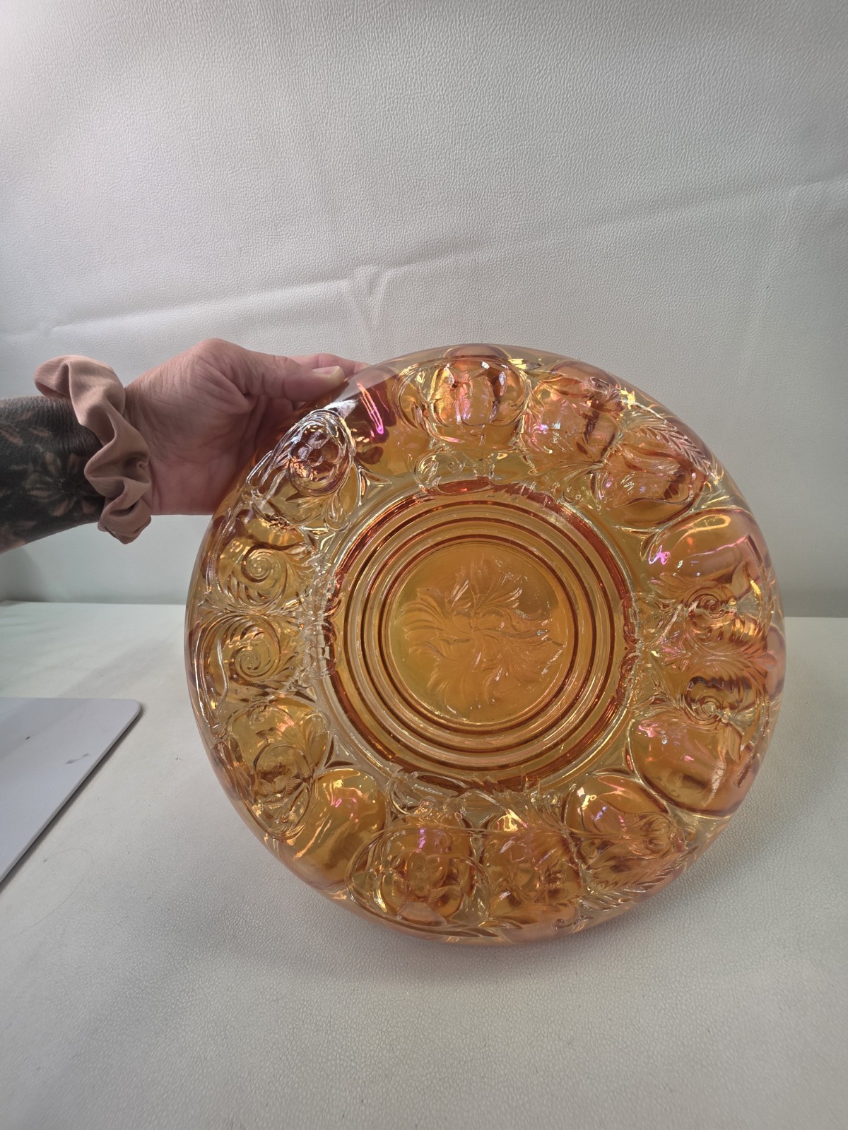 McKee Rock Crystal Marigold Carnival Glass Deviled Egg Plate 15 Well 11.5″