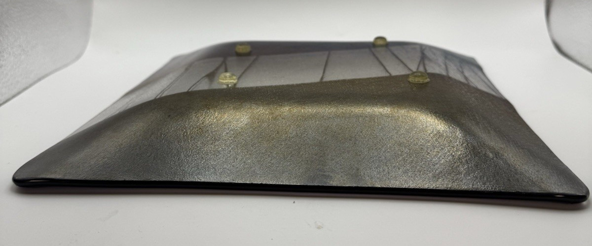Chris Paulson Art Glass Square Tray Plate Signed Dichroic Fused Iridescent 9.25″