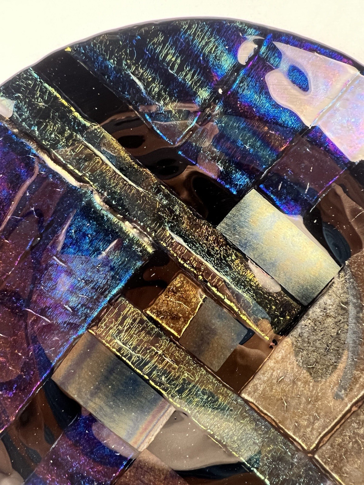 Paul Hathcoat 1990 Dichroic Fused Art Glass Platter Iridescent 12” Signed Dated