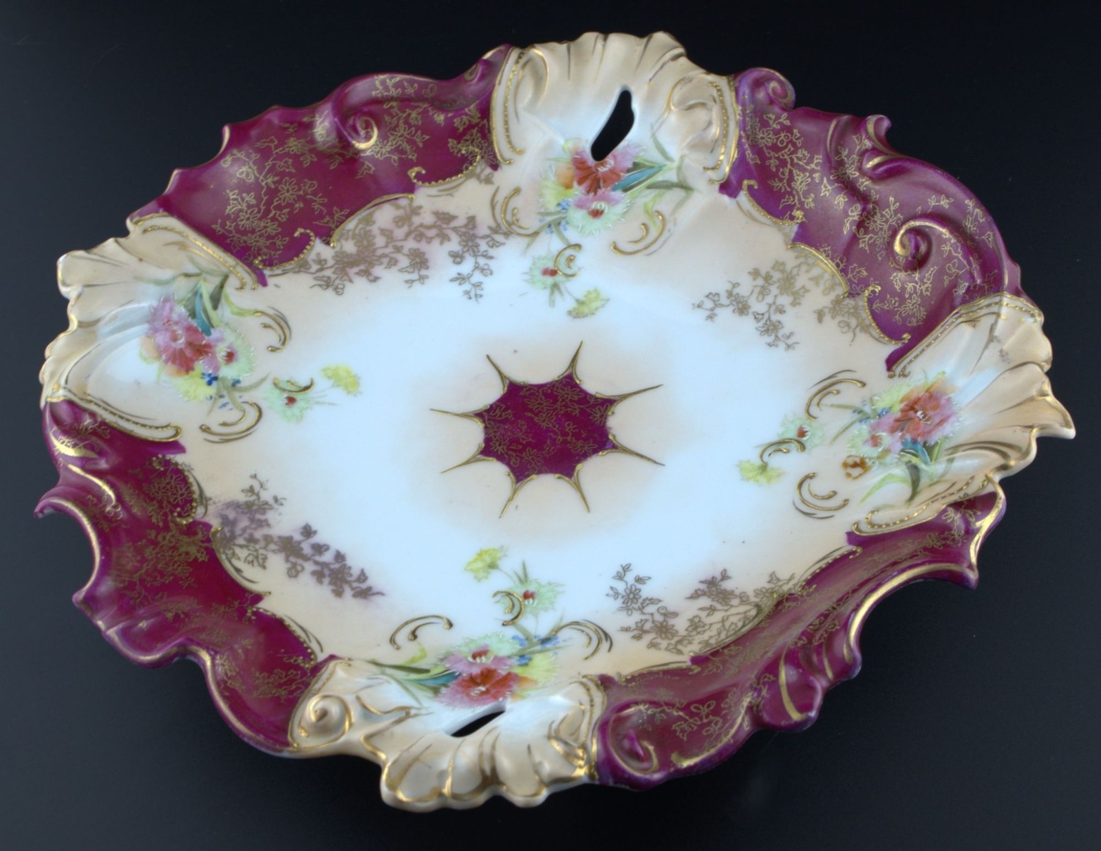 Antique Old Vienna Germany 11” Cake Plate Hand Painted Floral Gold Burgundy