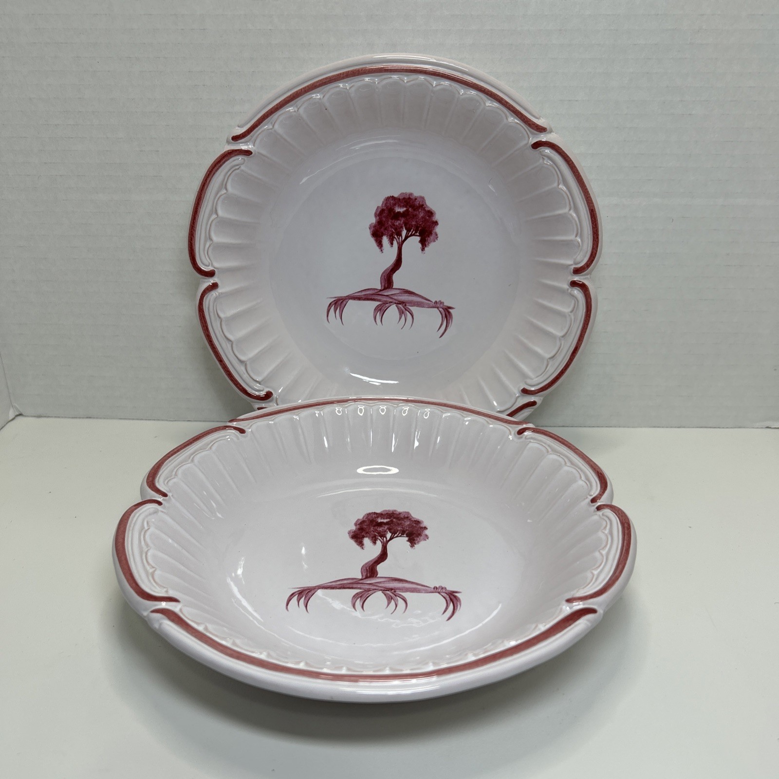NIDERVILLER Pottery 8″ Pasta Soup Bowl Magenta Red Tree Motif Earthenware France