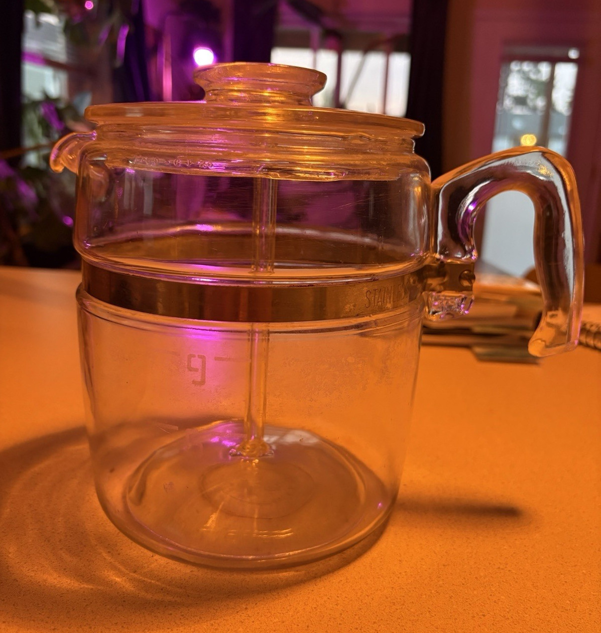 PYREX 7759 9 Cup Clear Glass Coffee Pot w/ Stainless Band, Lid & Handle
