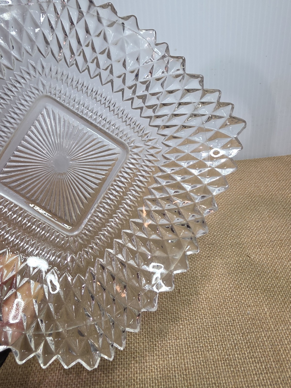Vintage Clear Indiana Glass Co Square Ruffled Diamond Point Candy Nut Dish Bowl