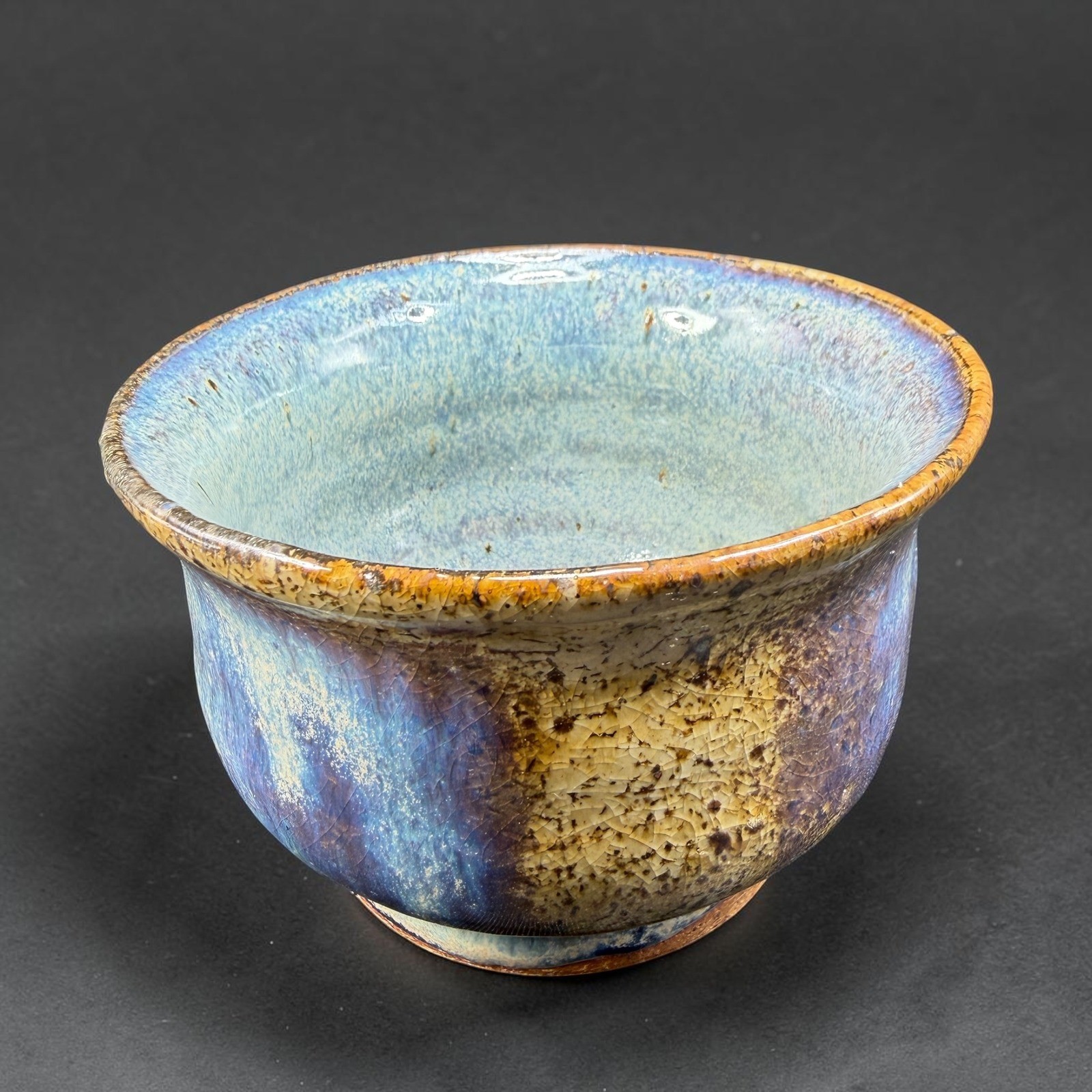 Signed Studio Art Pottery Blue Purple Drip Glaze Stoneware Bowl Handcrafted 4in