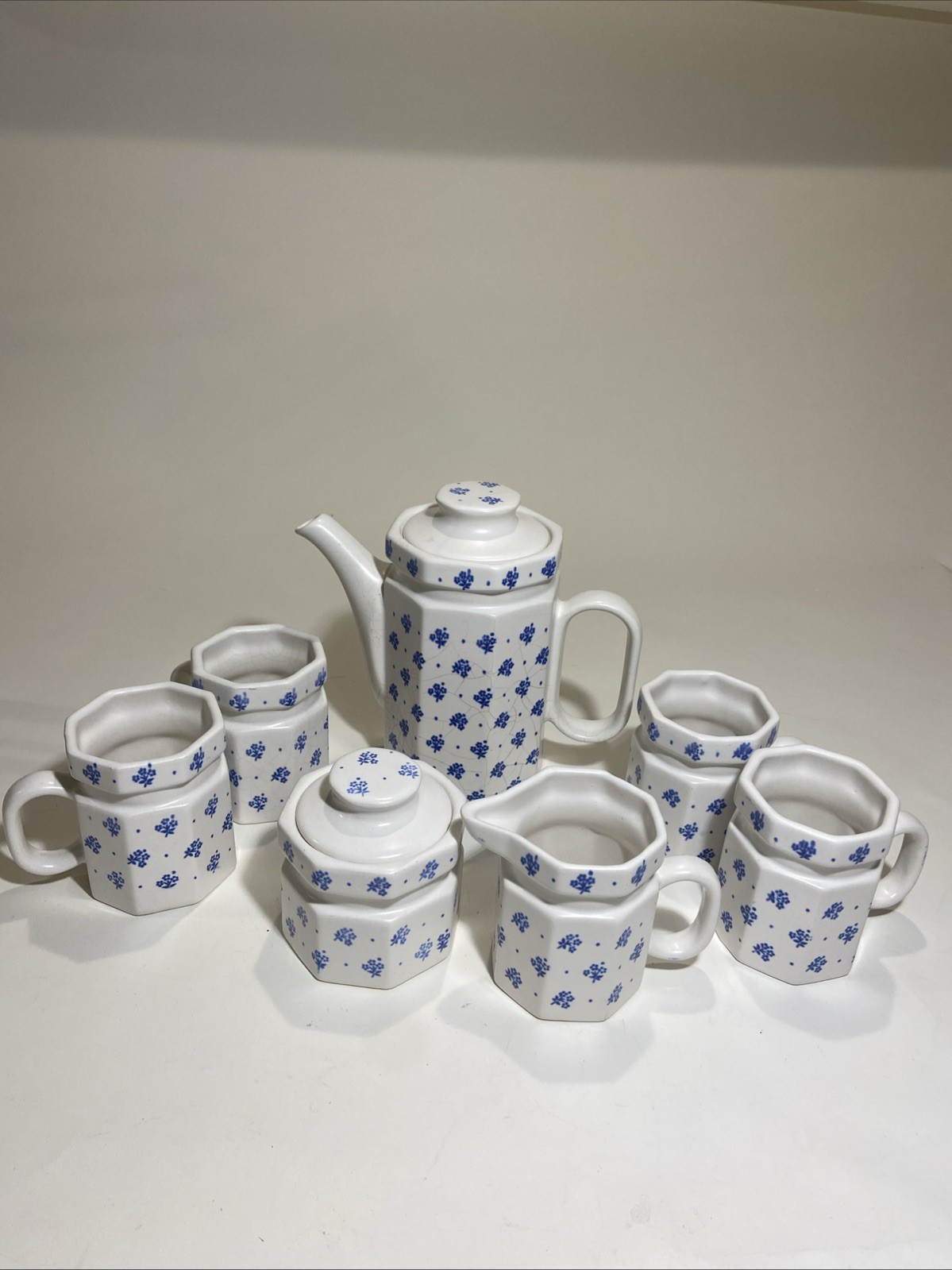 Vintage 9 piece Ceramic Blue Belle Coffee Tea Set Concepts Used In Box Excellent