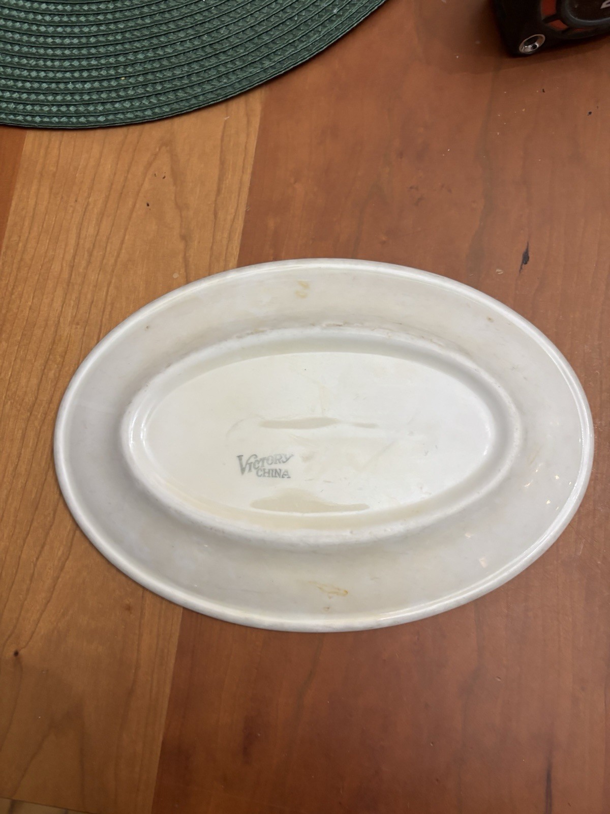 Victory China Oval Ceramic Platter White with Green Trim 8in Printed Backstamp