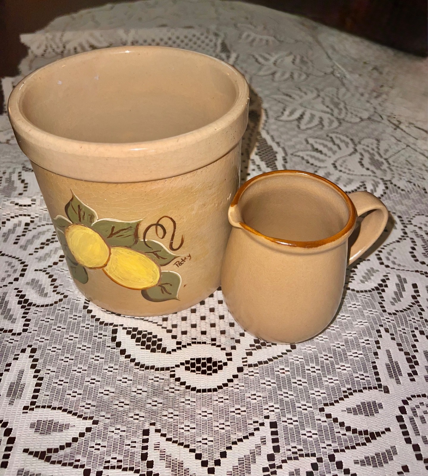 Vintage Hearthside Japan Creamer & Rustic Signed Lemon Pottery Crock Set